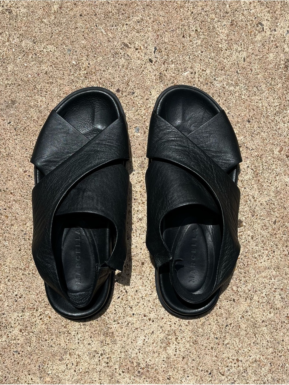 Marcella NYC Heidi Black Leather Cross-Band Slingback Sandals - Picture 6 of 11
